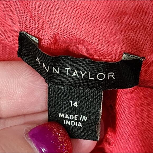 Ann Taylor Fuscia Pink crocheted lace peplum puff sleeve‎ blouse size 14 - Picture 6 of 7